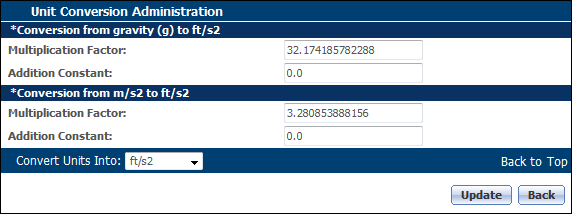 Unit Conversion Administration convert from gravity (g) to ft/s2