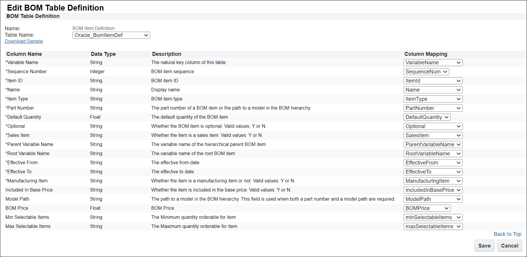 Edit BOM Table Definition page