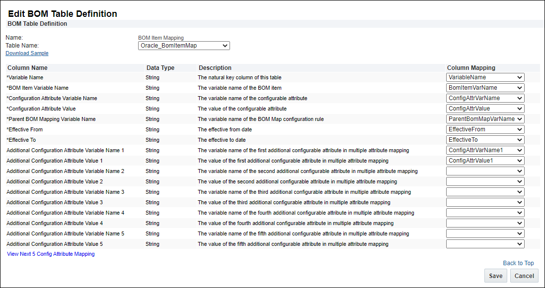 BOM item Mapping Table