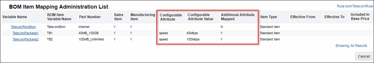 The Additional Attribute Mapped column will be set to Y on BOM Item Mapping Administration List page