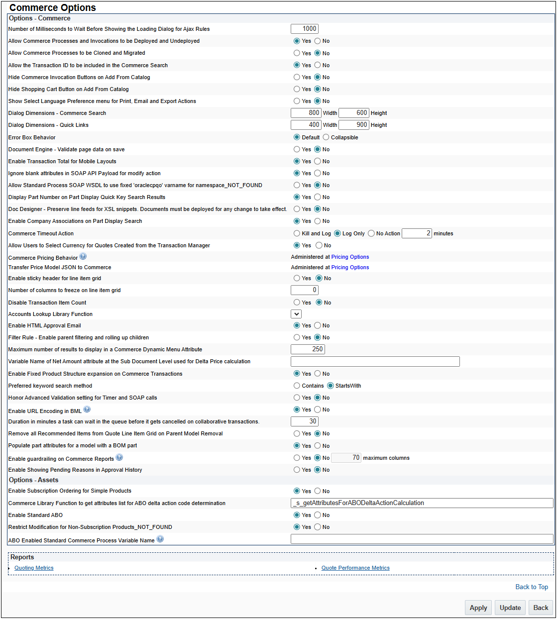 Commerce Options page