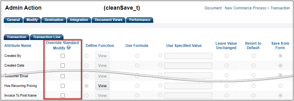 Standard Process Action Modify tab
