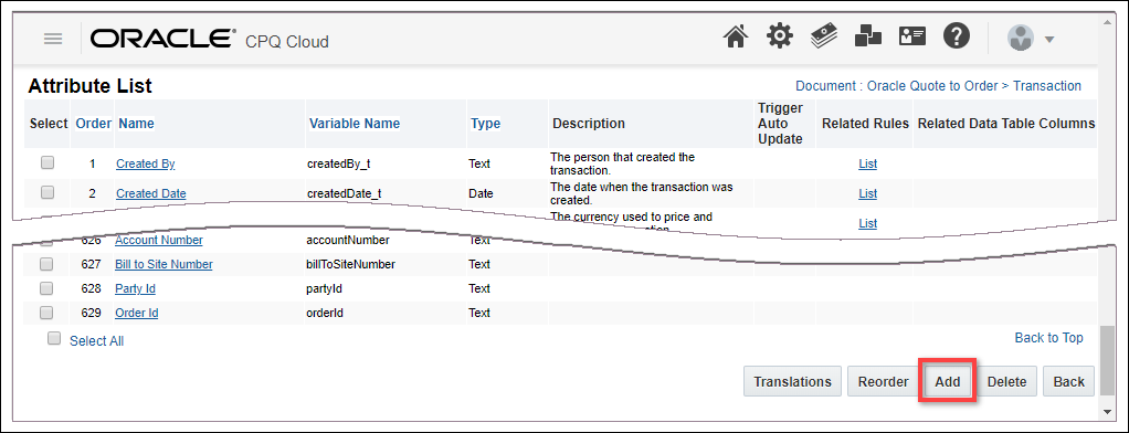 Attribute List page - select Add