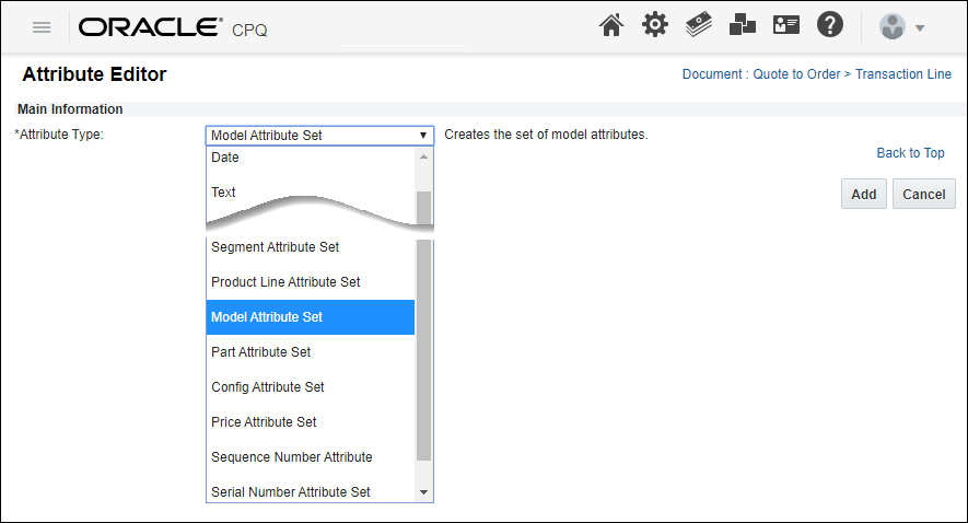 Select a sub-document Attribute Set attribute type