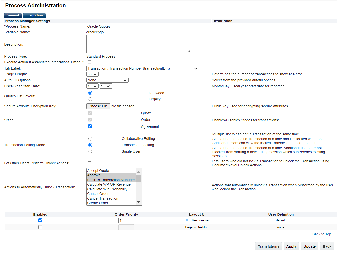 Process Administration page