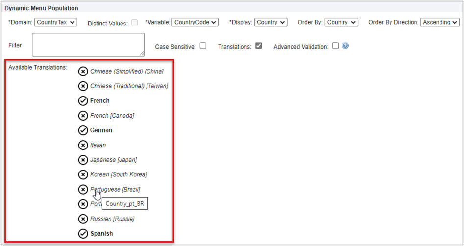 Available Translations for a Dynamic Menu