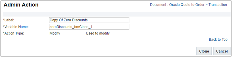 Admin Action page for the newly cloned action