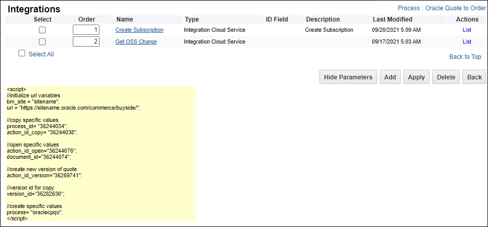 Commerce Process Integration Parameters