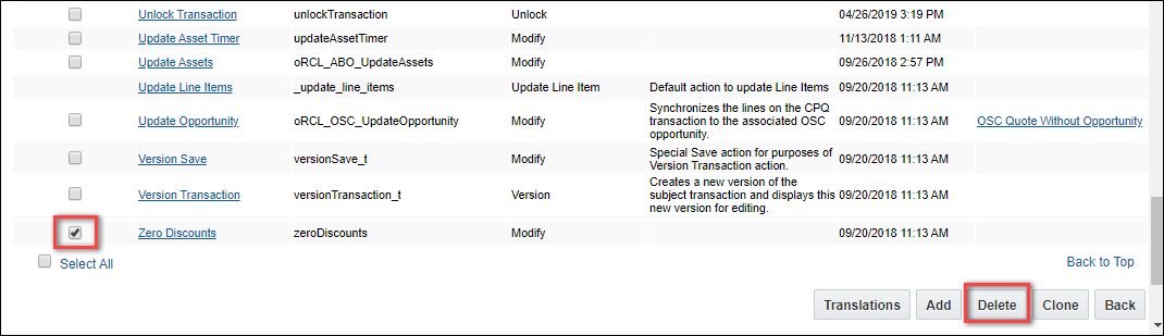 Actions List page - select action to delete