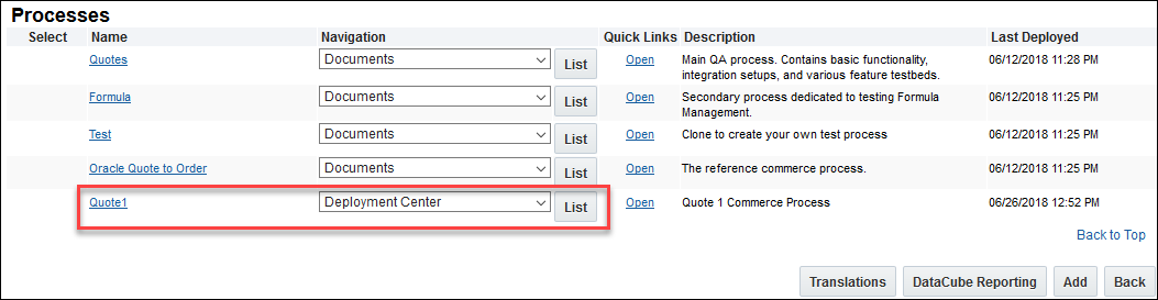 Select Deployment Center for a Commerce Process