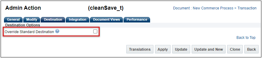 Standard Process Action Destination tab