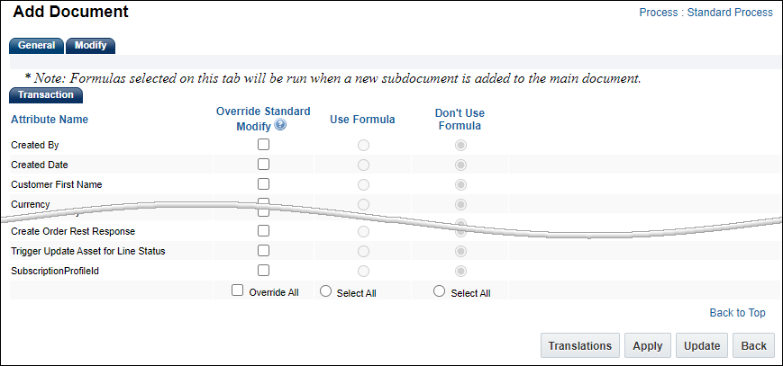 Standard Process Transaction Line Modify Tab