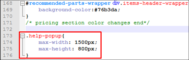 Add the CSS class and values for the Help pop-up’s height and width