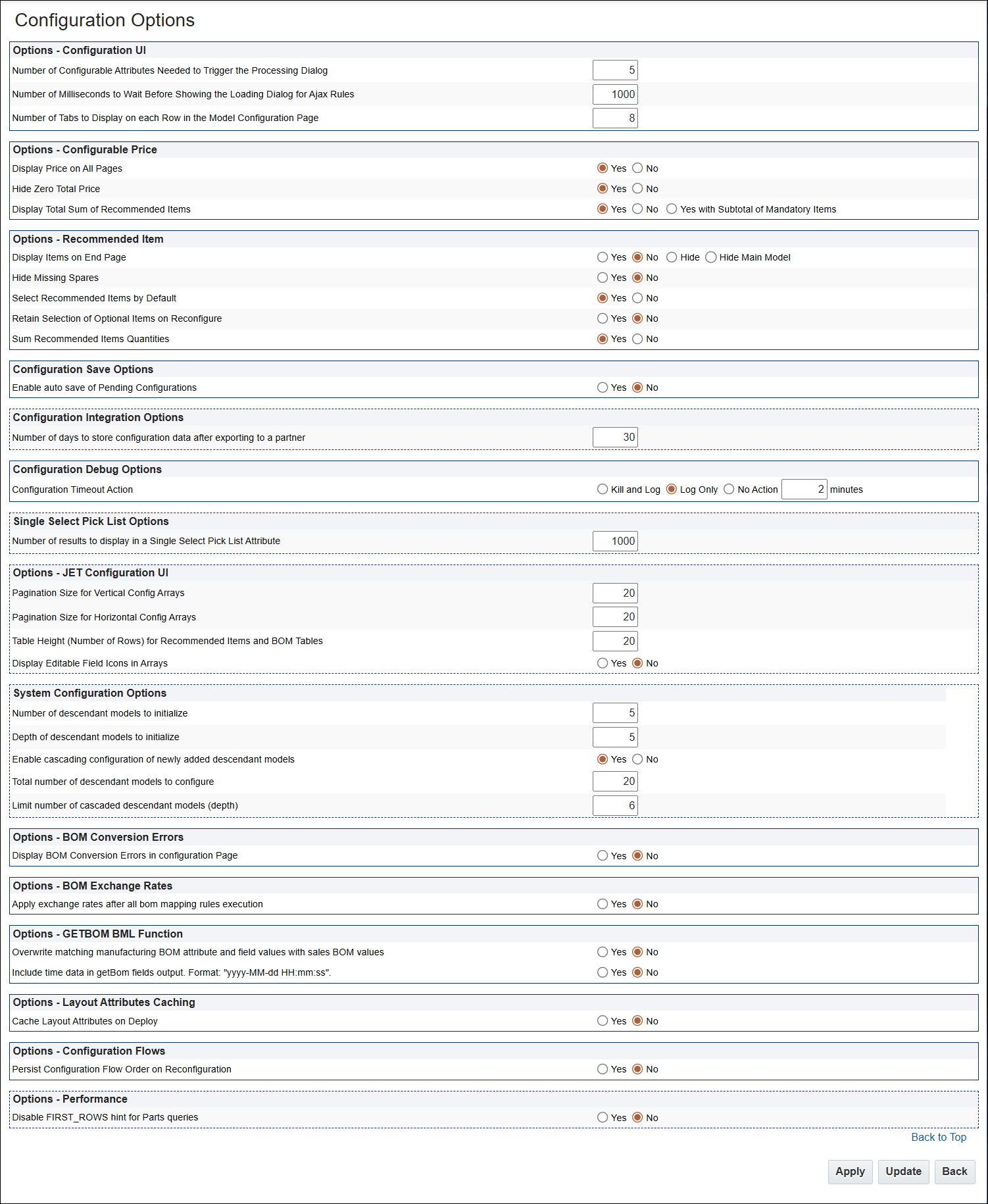 Configuration Options page