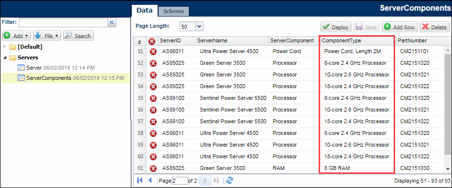 Component Type SSPL Data Table example