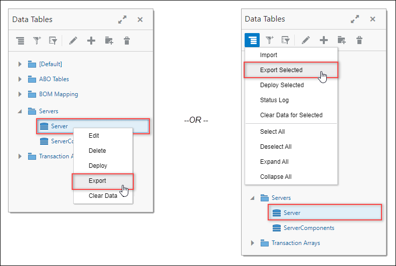 Select Export from the data table drop-down or the navigation menu drop-down