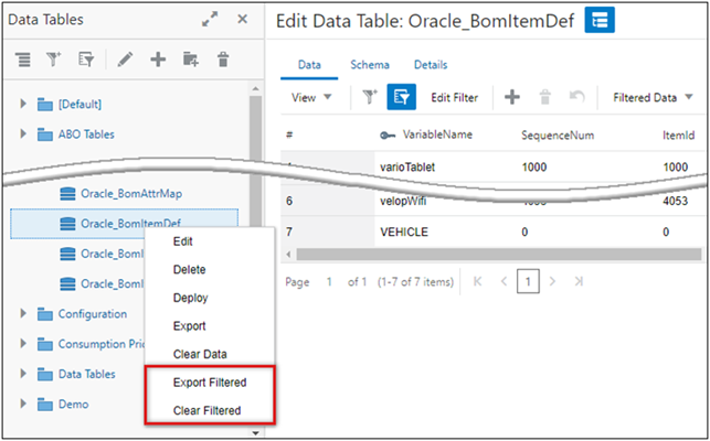 Data Table Menu Export or Delete Filtered Records