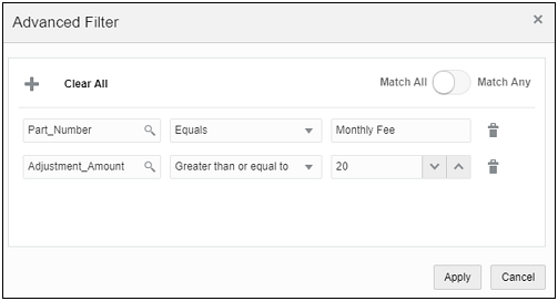 Advanced filter dialog