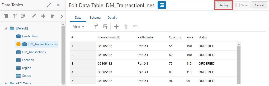 Deploy data table using Deploy button