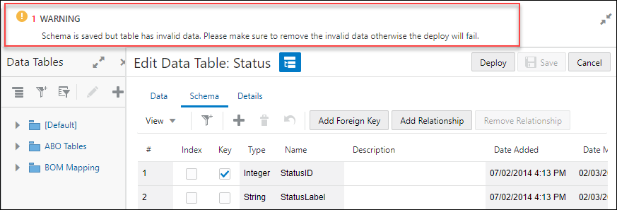 Invalid data warning