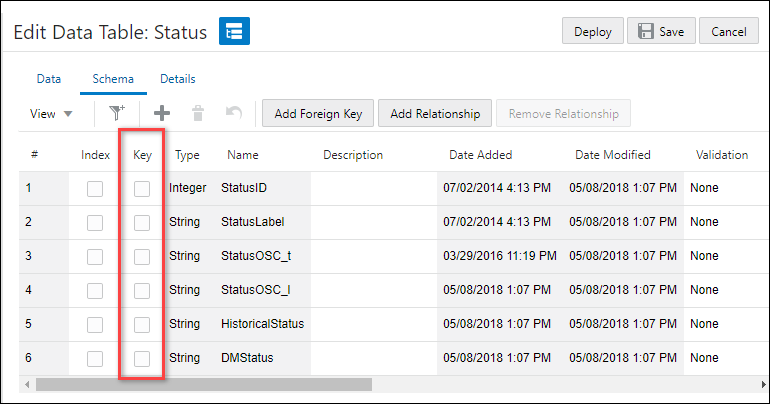 Data table Schema tab Key field
