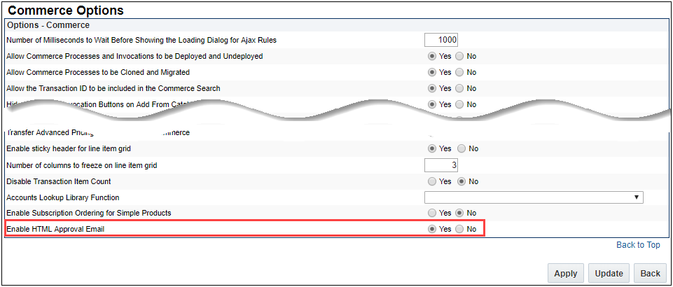 Commerce Options page Enable HTML Approval Email option