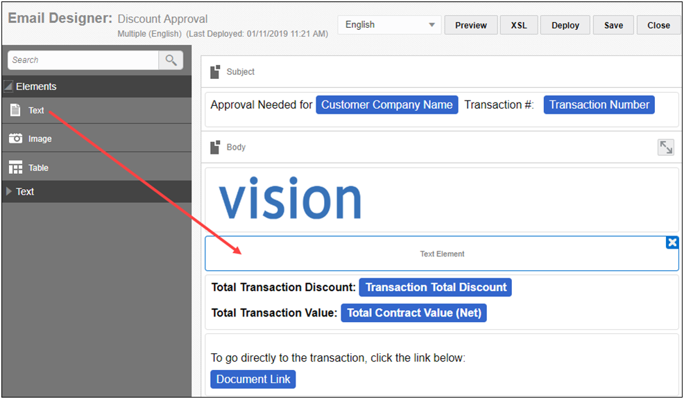 Add new Text element on Email Designer page