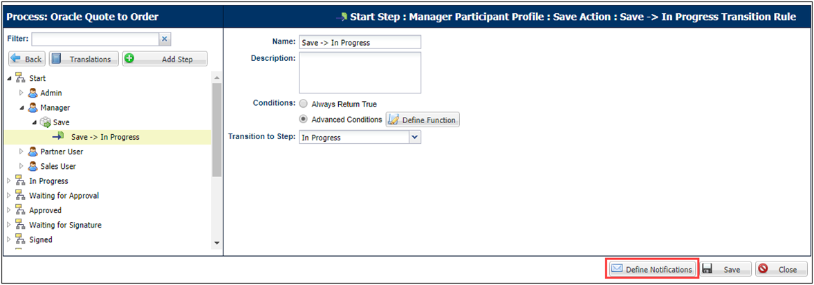 Transition Rule detail panel
