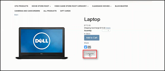 Customize button is shown below and is part of the Oracle CPQ – Oracle CX Commerce integration.