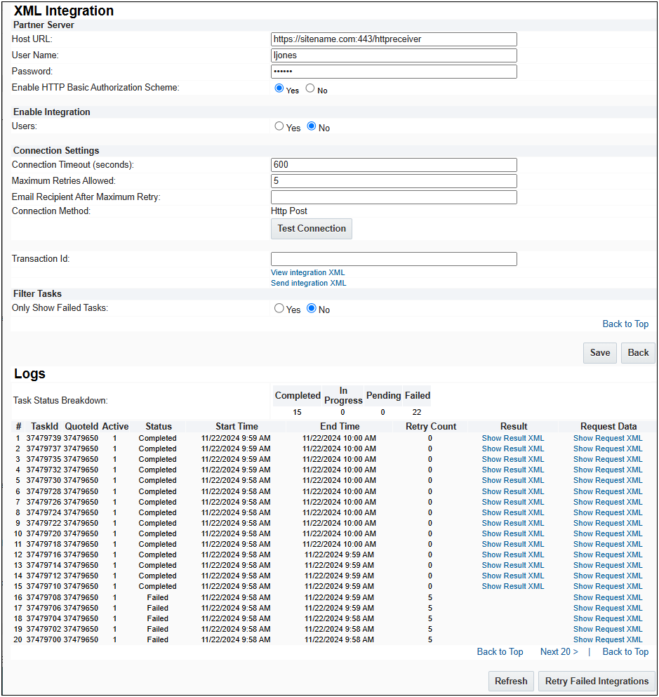 XML Integration Logs section