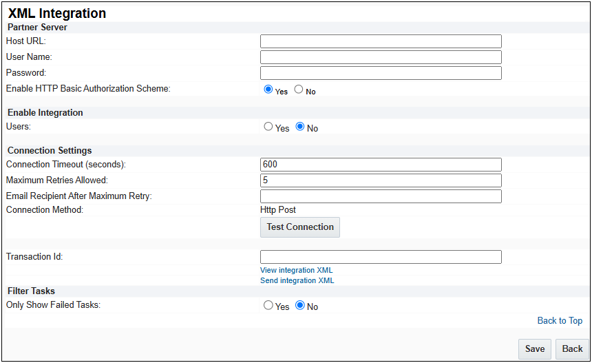 XML Integration page