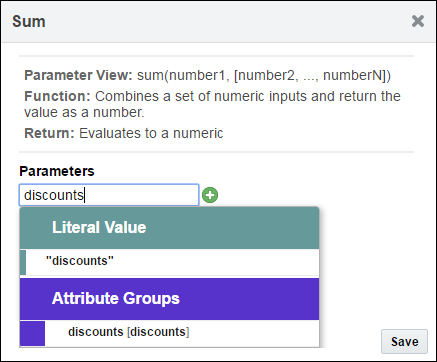 SUM and AVG Function Editor Parametersdialog