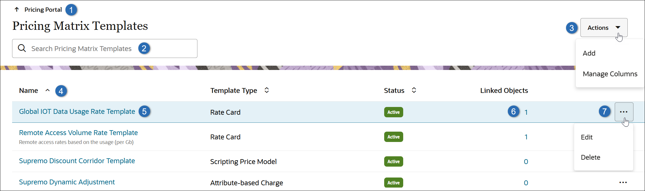 Pricing Matrix Template List Page