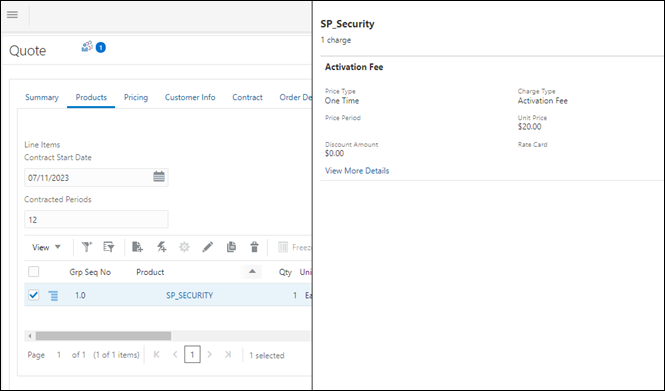 Product Charge in Charge Details drawer