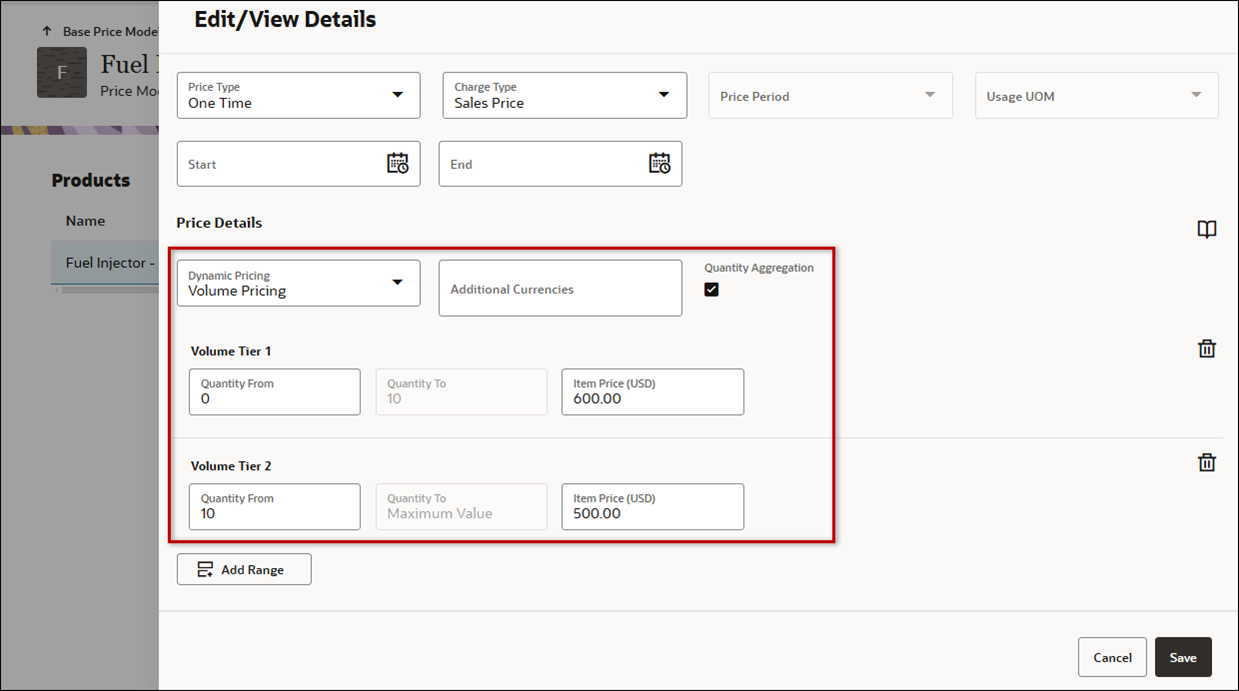 Quantity Aggregation - Vloume Pricing example