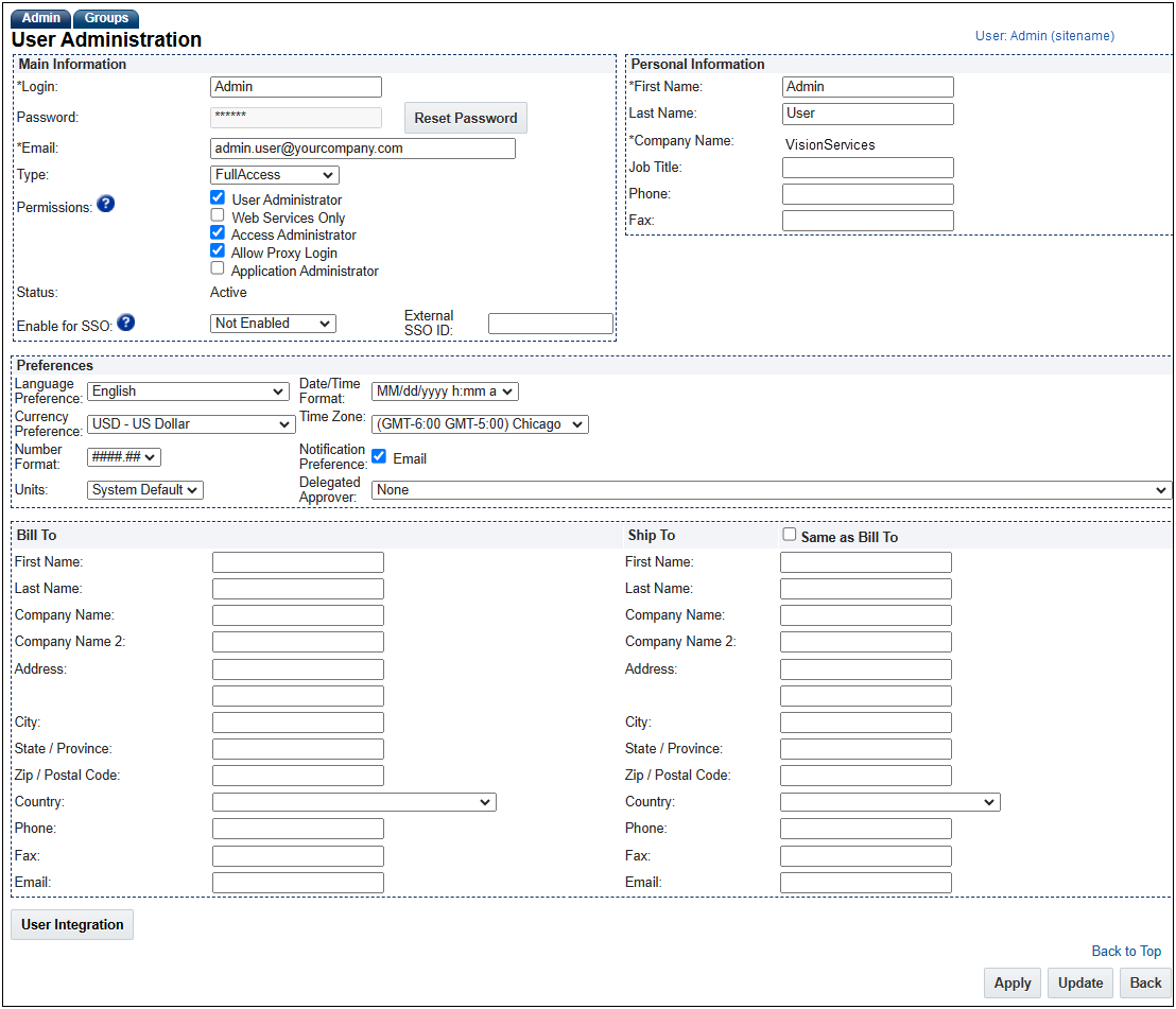 User Administration  page