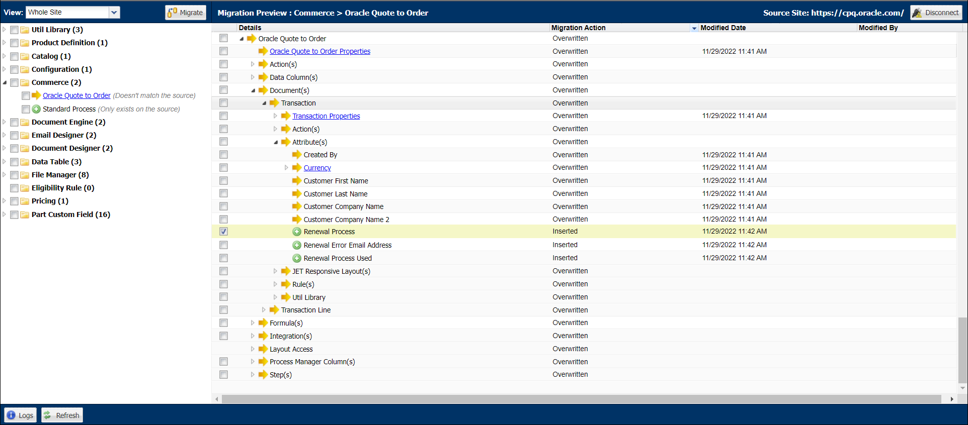 Select categories to migrate