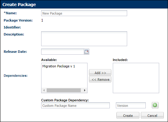 Create Package dialog