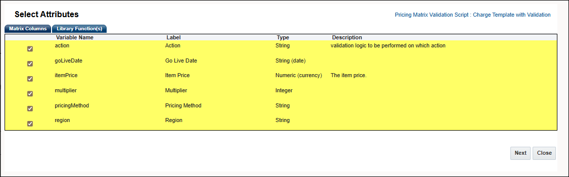 Select matrix attributes